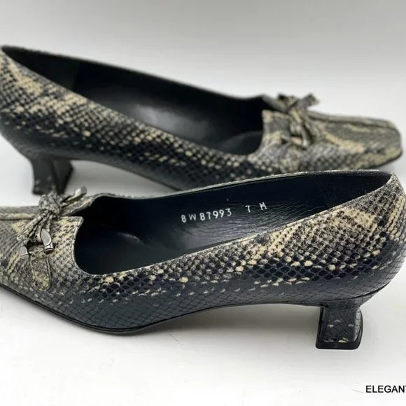 Stuart Weitzman Snakeskin Leather Pumps 7 M Black Tan Square Toe Kitten Heel - Picture 8 of 12